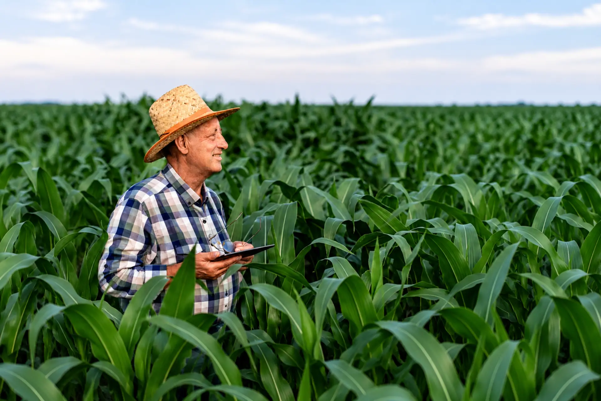 Farmer in a straw hat using a tablet in a crop field